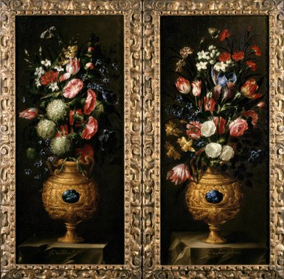 Pair of Still Lives of Flowers in Decorative Gold Vases with Lapiz Cartouches by Juan de Arellano